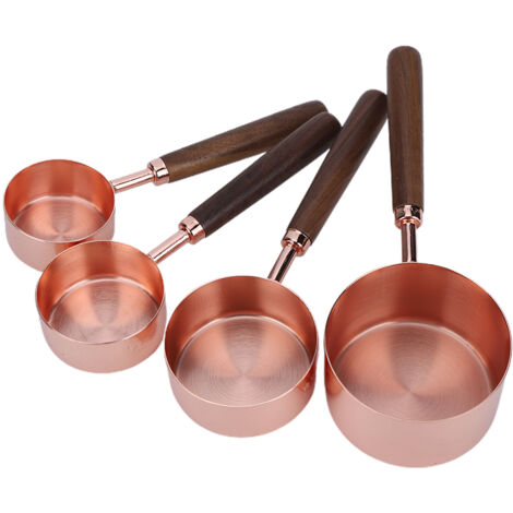 4PCS/Set Rose Gold Measuring Cup Spoon with Scale Thickened Wooden Handle Home Baking Tool