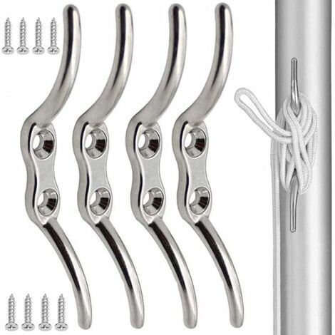 LABLANC 4Pcs Stainless Steel Cleat Hook 100mm Mast Rope Hook Rope Cleat Hook for Securing Ropes to Flagpoles Boats Awnings Shutters Tarps