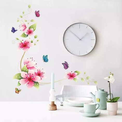 4pcs Stickers muraux rose/rouge (62x64 cm) I floral papillon plantes branche arbre I autocollant sticker mural pour salon chambre d'enfant cuisine salle de bains carrelage