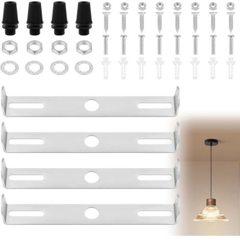4Pcs Support de Fixation Plafonnier 115mm, Supports de Lustre, Plaque de Plafond avec Vis, Rondelle, Écrou, Bouchon en Caoutchouc, pour Suspensions Mur Lumière, Maison et Bureau