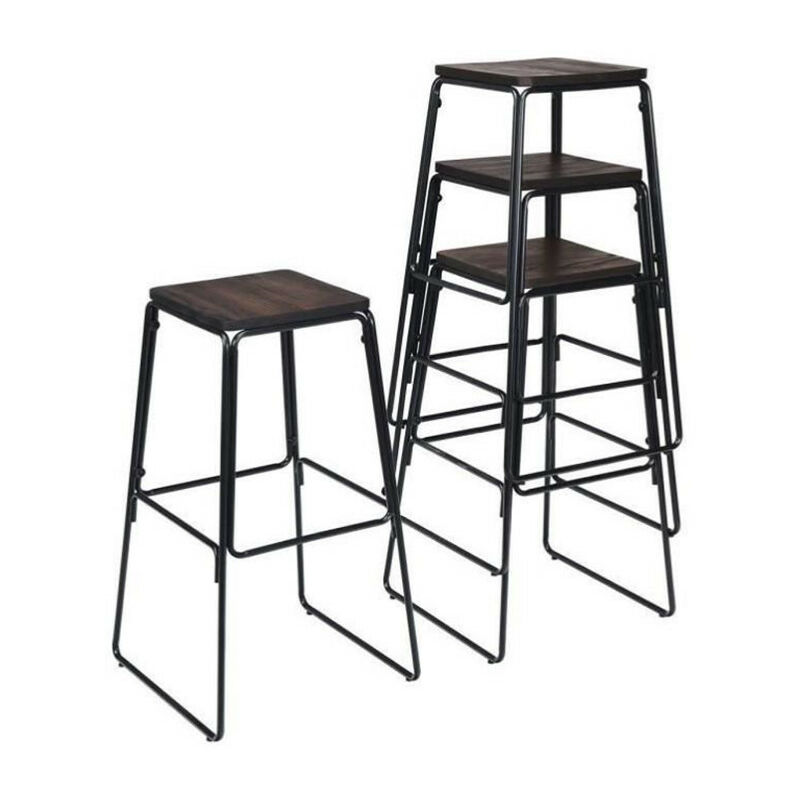 4pcs tabourets de bar industrielle structure en fer <strong>surface</strong> bois chaises industrielles empilable h 76,5cm