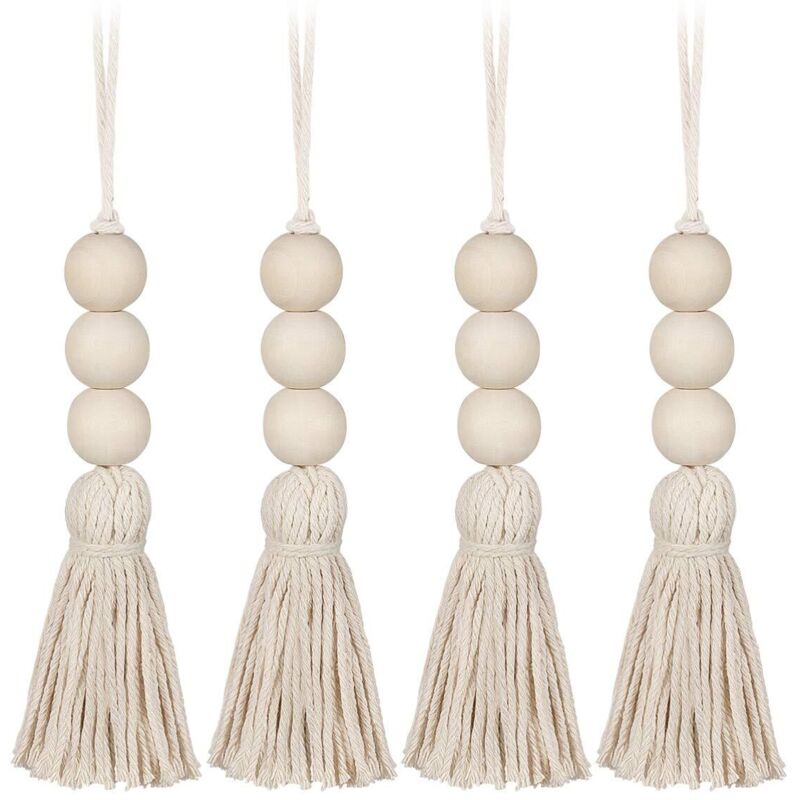Tinor - 4pcs Tassel Wooden Beads Farmhouse Beads Tassels Natural Prayer Beads Cotton Line Decorative Wall Hanging Tassel Bead Pendant For Closet