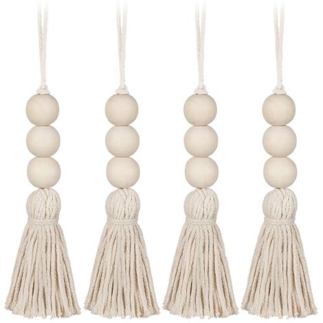 4Pcs Tassel Wooden Beads Farmhouse Beads Tassels Natural Prayer Beads Cotton Line Decorative Wall Hanging Tassel Bead Pendant for Closet Cabinet Porch NPTERBL