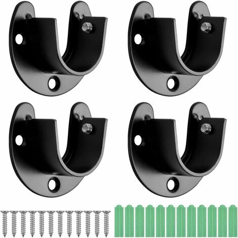 4pcs U Shaped Curtain Rod, 25mm Curtain Rod End Bracket, Stainless Steel Cabinet Pole Sockets, Flange Bracket, Cabinet Rod Ends with Screws, black