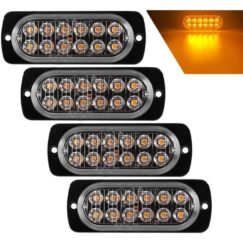 Aougo - 4pcs Ultra Thin 12LED Emergency Strobe Lights Amber Hazard Beacon Warning Flashing Lights Universal For Car Vehicle Truck 12-24V