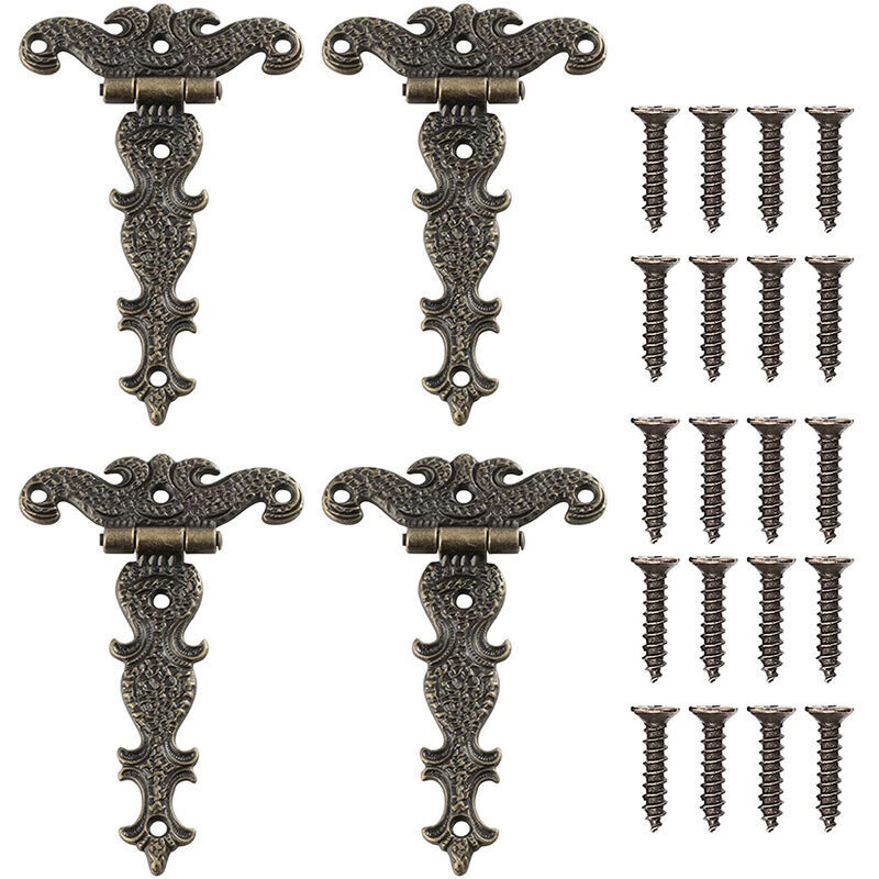 Linghhang - 4Pcs Vintage Decorative Carved Bronze Hinges t Shape Furniture Hinge for Cabinet Door Toolbox with Screws