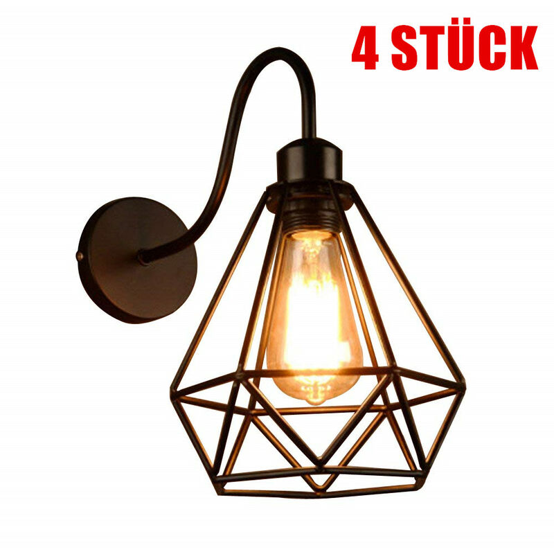 Axhup - 4pcs Vintage Industrial Wall Lamp, Wall Light with Metal Diamond Cage Lampshade for Living Room Bedroom, Black