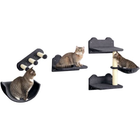 4PCs Wall-Mounted Cat Shelves w/ Scratching Post, Hammock, Nest - Dark Grey