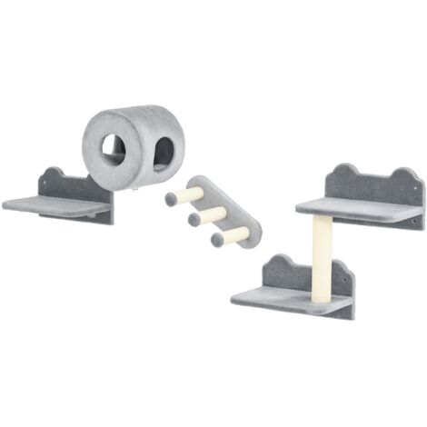 4PCs Wall-Mounted Cat Tree, with Steps, Perch, Cat House - Grey