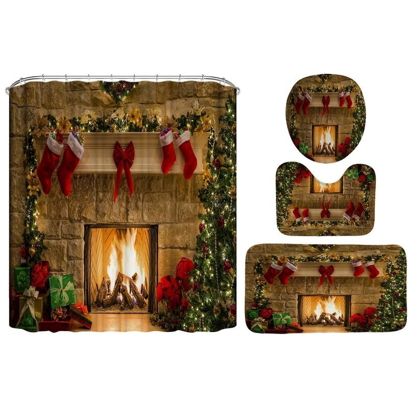 4pcs/set Christmas Shower Curtains Bathroom Fireplace Pattern Bath Curtain With