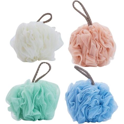 4pièces Boule De Bain Maille Éponge Réutilisable Pour Douche Fleurs De Bain Lot De Couleurs Unies Rose Bleu Blanc Vert