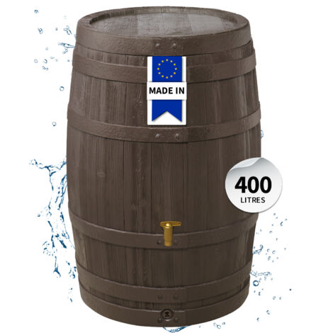 GARANTIA 4rain Récupérateur d'eau de pluie Tonneau VINO 400L brun foncé avec robinet PE imitation laiton et couvercle