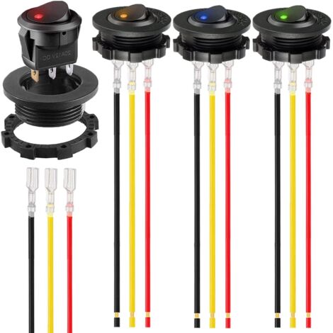 4teiliges Set runder Wippschalter, DC 12V 20A, DC 24V 10A, SPST, 3poliger Ein/Aus-Schalter, rot/blau/grün/gelb beleuchteter LED-Schalter mit rundem Gehäuse und verriegelbaren Anschlussdrähten, 4Farben