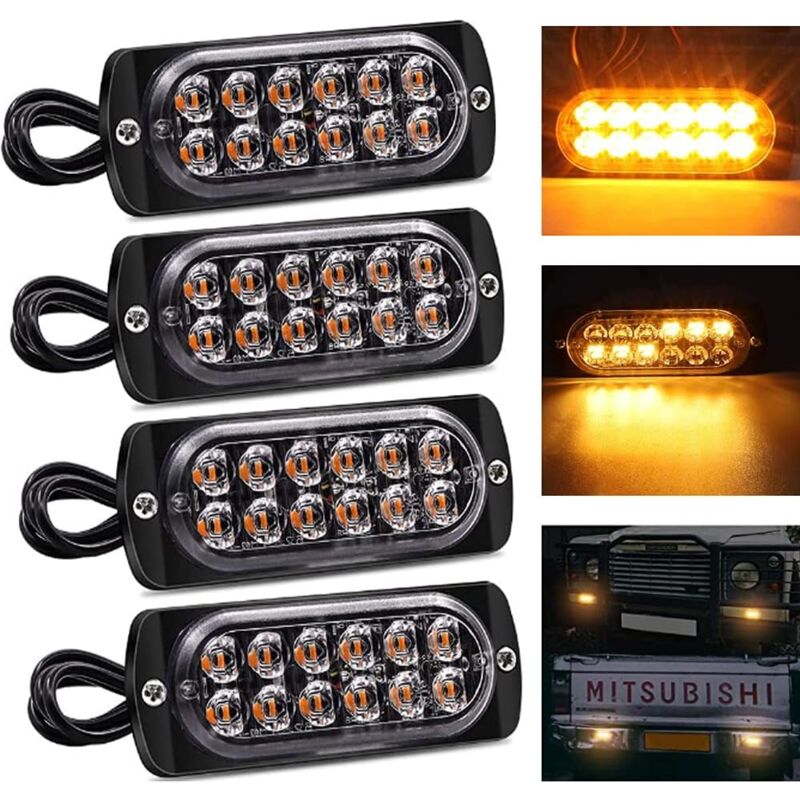 4X 12LED Feux Stroboscopique Urgent Avertissement Flash Danger Lampe d'avertissement 12V-24V LED Stroboscopique Voiture Ampoule Led Voiture Orange