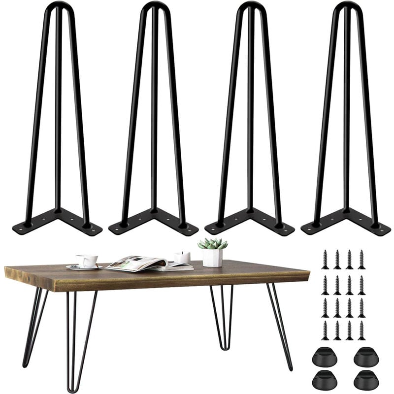 Petites Ecrevisses - 4x Pieds Meuble 25cm en Épingle à Cheveux diy Pieds de Table avec Vis et Protecteurs de Sol Noir