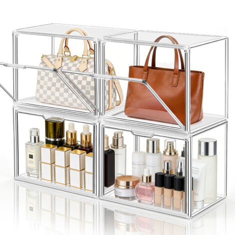 4X Acryl Vitrine 36x22x27cm, Transparente Stapelbare Aufbewahrungsschubladen mit Magnetischer Tür, Schuh Aufbewahrungsboxen, Handtaschen-Organizer für Schrank, Spielzeug-Organisation und Ausstellung