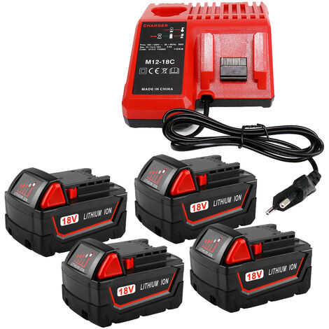 4X Akku mit 1X M12-18C Ladegerät für Milwaukee M18B5 18V 5.0Ah Ersatzakku Ersatz für Milwaukee 48-11-1890, 48-11-1860, 48-11-1852, 48-11-1850, 48-11-1840, 48-11-1828, 48-11-1822