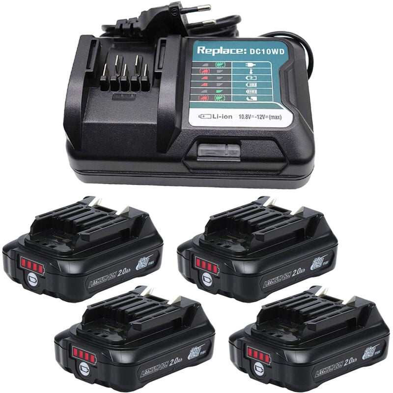 Powerwings - 4X Batteries pour Makita + Chargeur DC10WA 12 v 2,0 Ah BL1021B BL1016 Bl1041B Batterie Li-ION DF031D DF0331D TD110D JR103D JR105D HSS01D