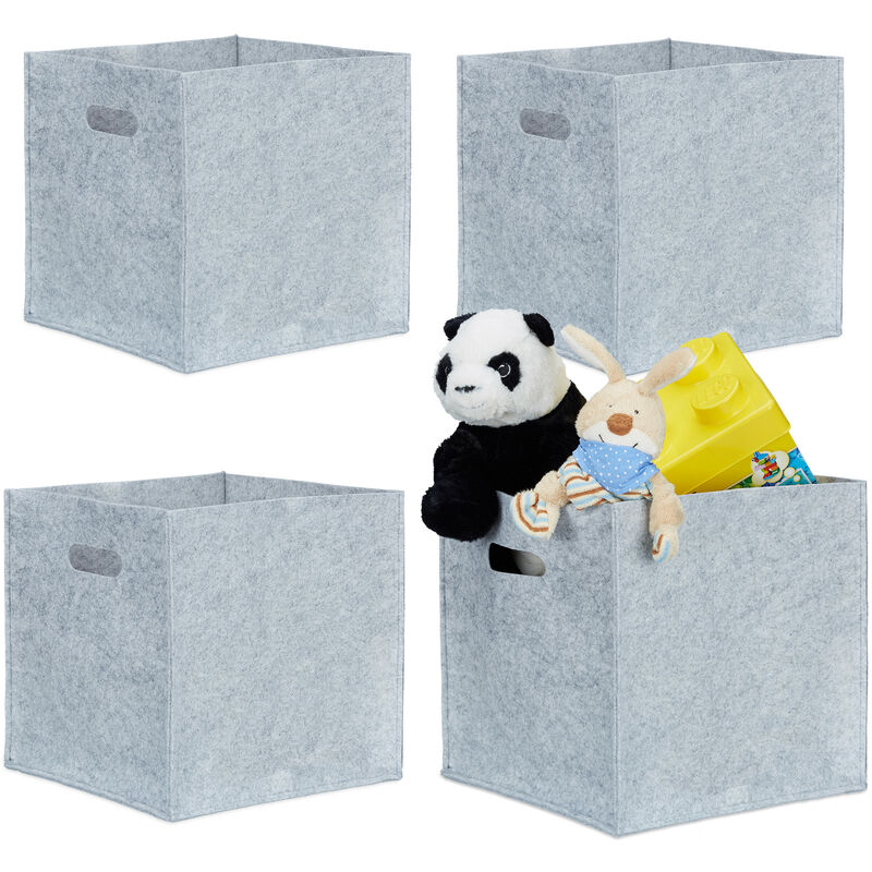 Set of 4 Relaxdays Square Felt Baskets, HxWxD: 30 x 30 x 30 cm, Foldable, with 2 Handles, Grey