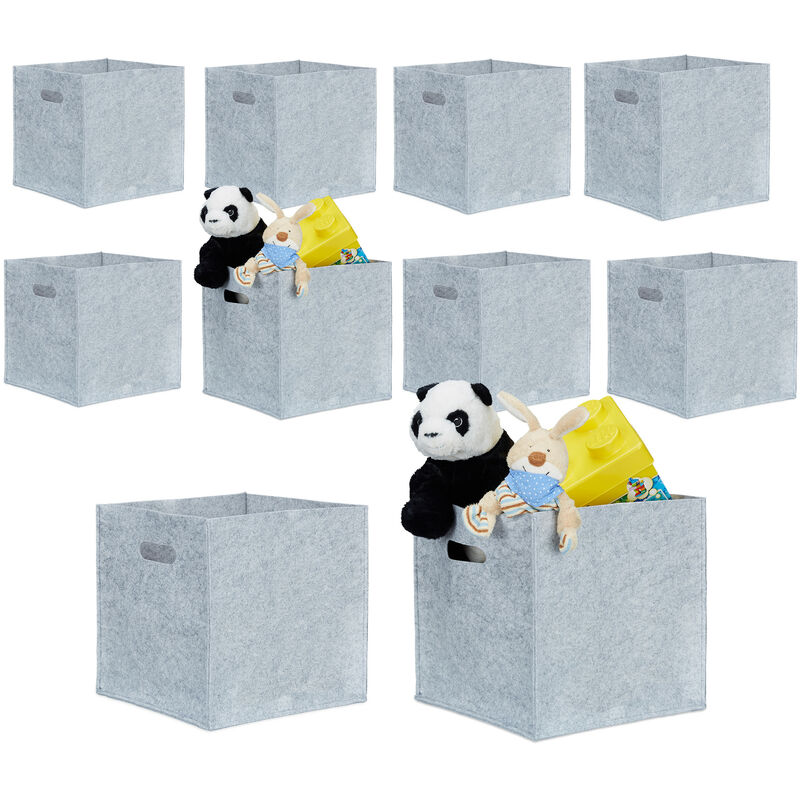 Set of 10 Relaxdays Square Felt Baskets, HxWxD: 30 x 30 x 30 cm, Foldable, with 2 Handles, Grey