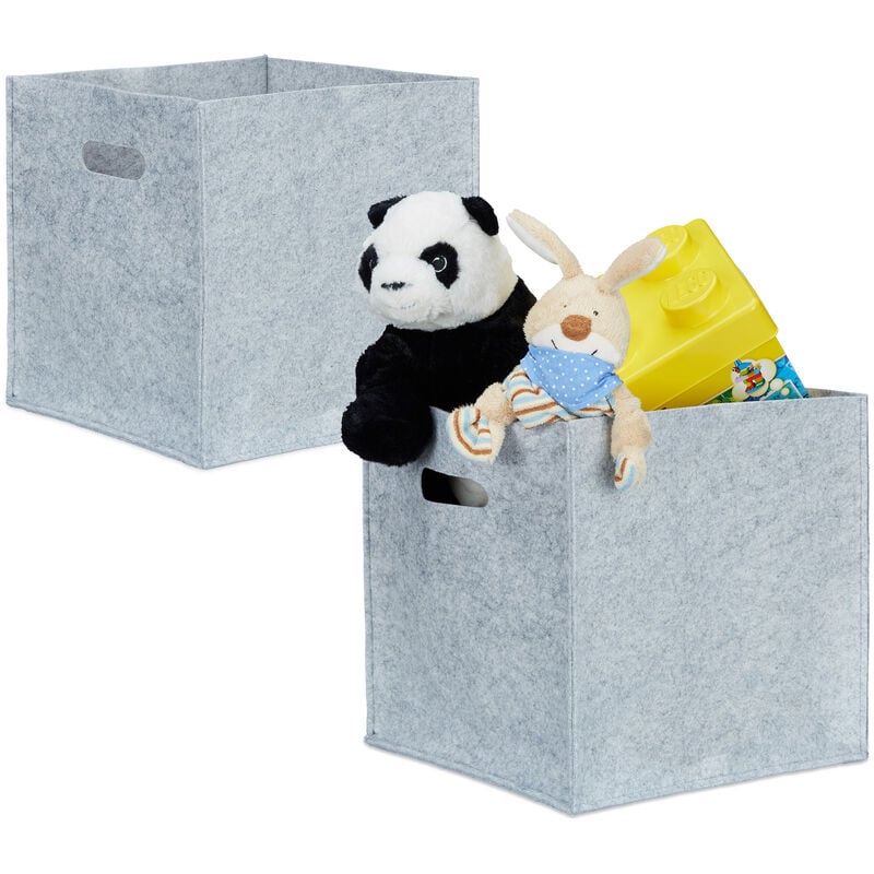 Set of 2 Relaxdays Square Felt Baskets, HxWxD: 30 x 30 x 30 cm, Foldable, with 2 Handles, Grey