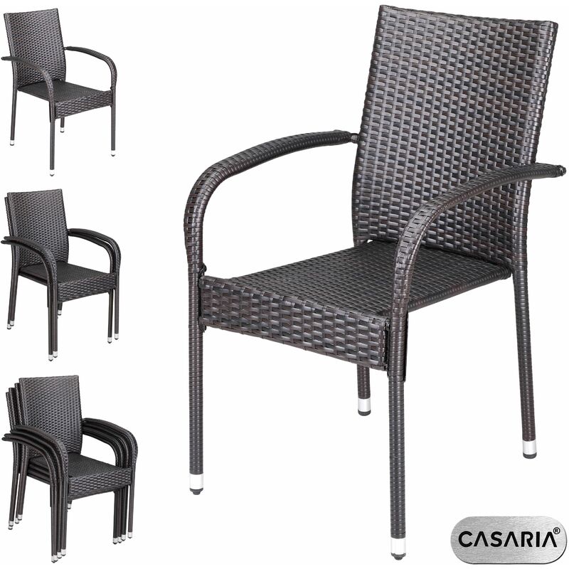 Ensemble de 4 chaises de jardin en polyrotin avec accoudoirs empilables jardin structure en acier thermolaqué Brun - Casaria