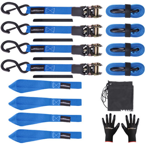 4x Cinghie di Tensione Cricchetto & Gancio a S con clip 25mm x 4,5m Blu 997kg