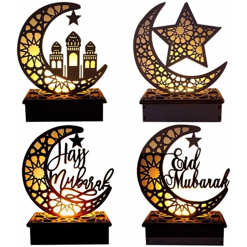 Image of Fortuneville - 4x Eid Mubarak Night Light led Ramadan Decorazione Lampada Luci artigianali in legno Musulmano Islam Lampada led in legno