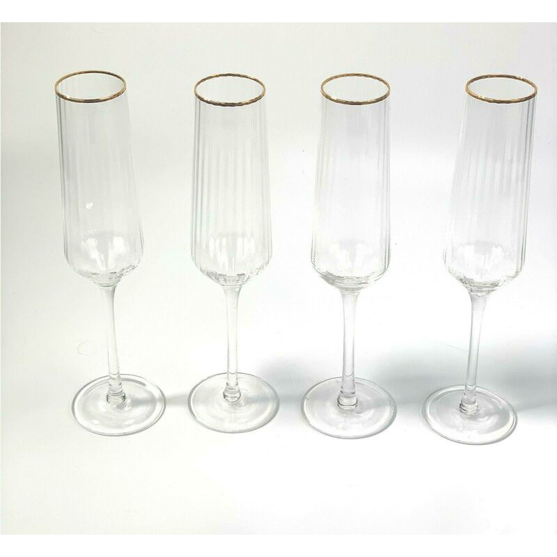 Dylex - 4x Gold Rim Ribbed Champagne Flutes Glasses Cava Prosecco Glass