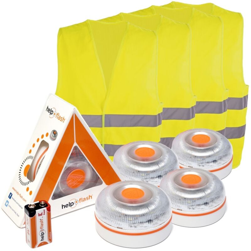 

4x HELP FLASH V.2 2021 - luz de emergencia AUTÓNOMA, señal v16 de preseñalización de peligro y linterna, homologada, normativa DGT, V16, con base