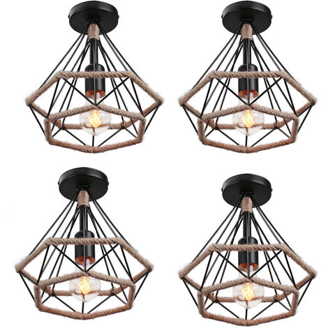 4X Lampada a Sospensione, Vintage Lampada da Soffitto in Corda di Canapa, Plafoniere con Ø25cm Gabbia di Diamante (Nero)