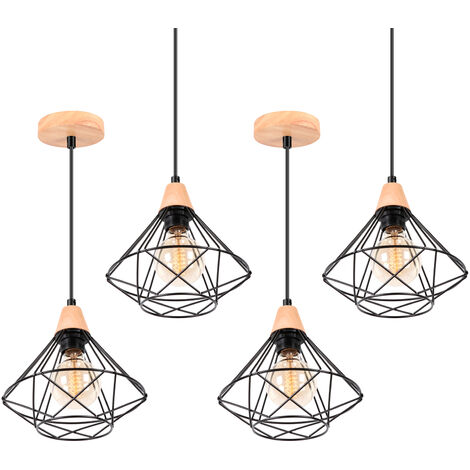 4x Lámpara Colgante Jaula Diseño de Metal y Madera Retro Lámpara de Techo Luz Interior para Dormitorio, Sala de Estar, Comedor Negro