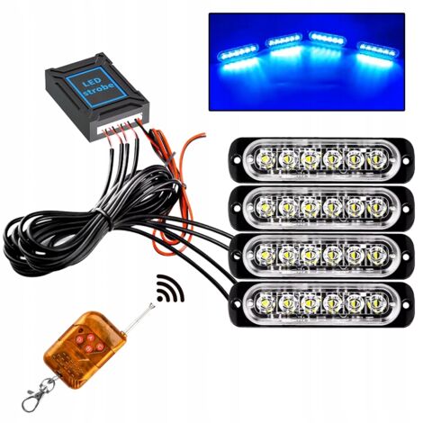 4x LED AZULES DE ADVERTENCIA DE DESTELLO LÁMPARA DE CONTROL REMOTO PROGRAMAS ESTROBOSCÓPICOS