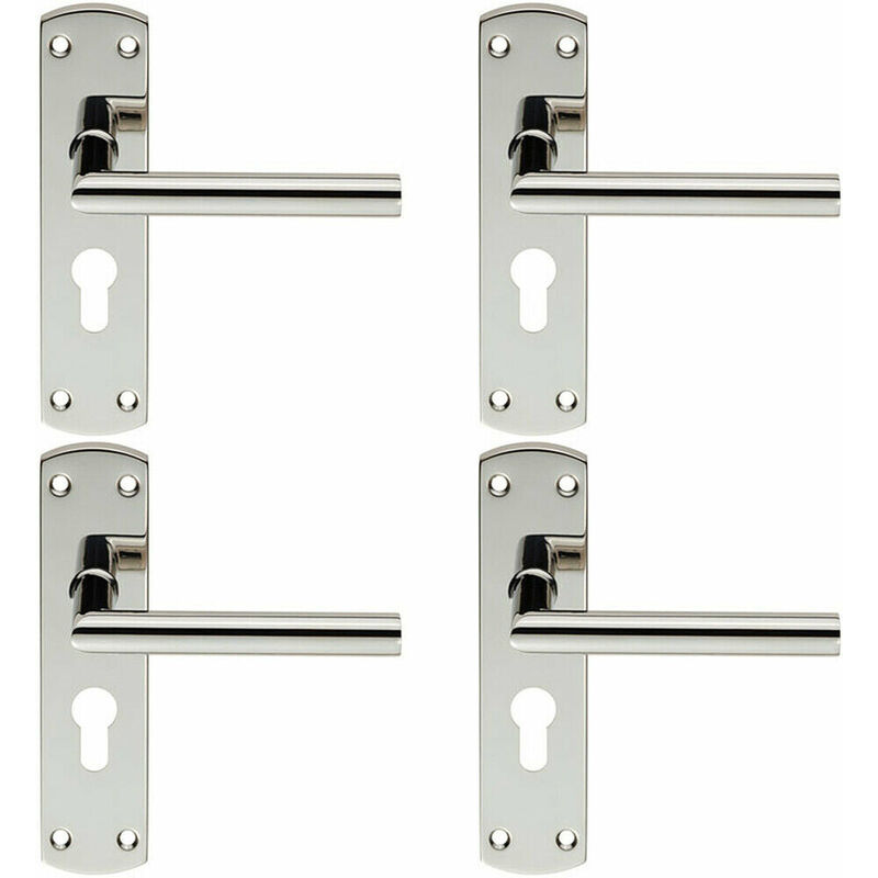 4x Mitred Lever Door Handle on Euro Lock Backplate 172 x 44mm Polished Steel