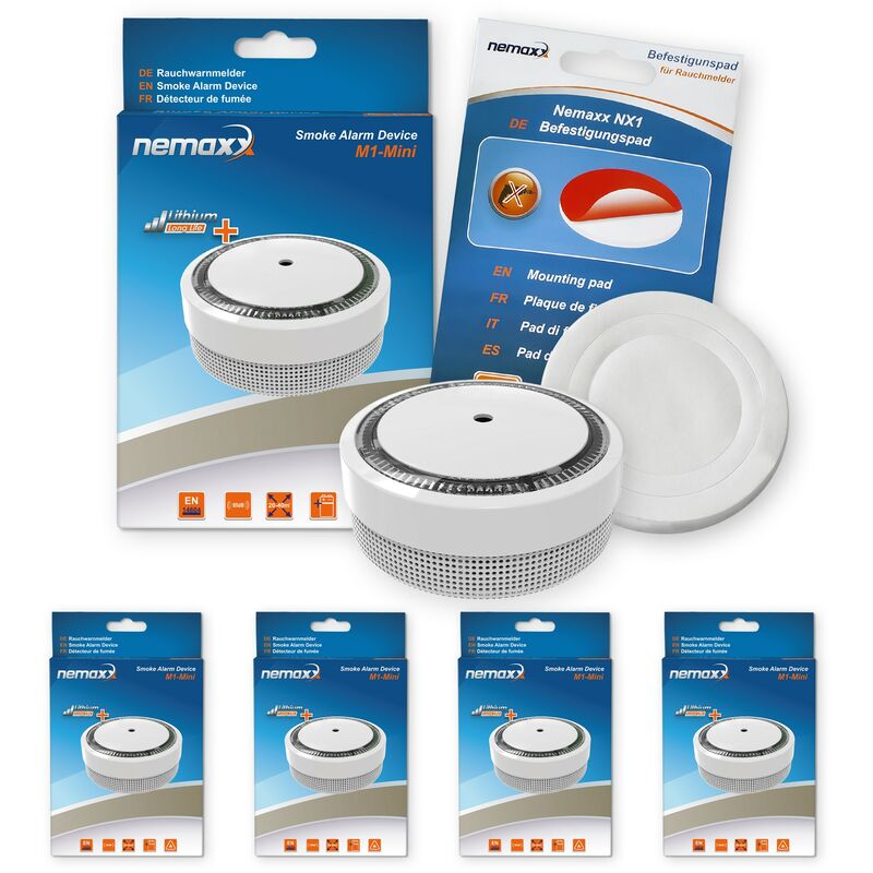

4x Nemaxx Detector de humo M1-Mini sensibilidad ftoeléctrica - con batería de litio tipo DC3V - conforme la norma DIN EN14604 & Vds - blanco + NX1