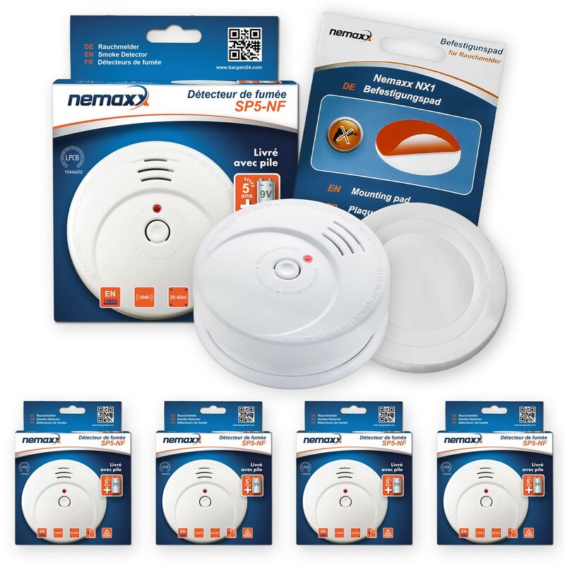 

4x Nemaxx SP5-NF Detector de humo de alta calidad con pila incluida de 9V - Blanco + NX1 Pad de fijación