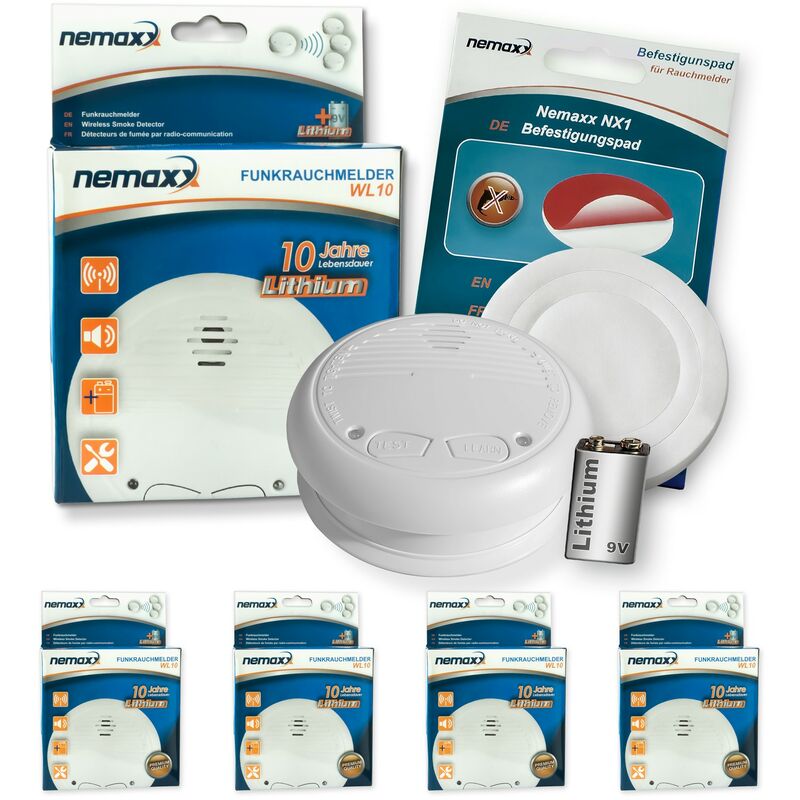 

4x WL10 detector de humo inalámbrico - con 10 años de batería de lítio- de acuerdo con la norma DIN EN 14604 + 4x NX1 Pad de fijación de soporte