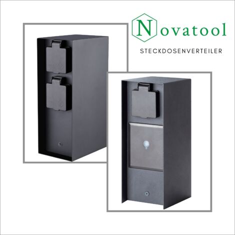 4x Novatool Gartensteckdose 4x Steckdosenverteiler 3-fach Anthrazit Steckdosenleiste, Montageplatte, Dübel und Schrauben