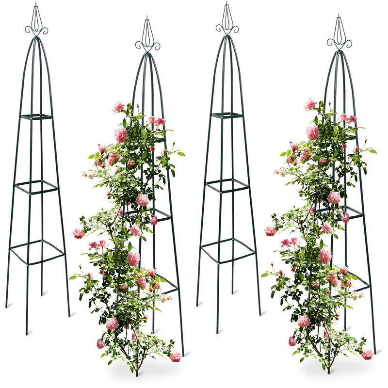Relaxdays - 4x obélisques de jardin pour roses, sur pied, tuteur plantes grimpantes, colonne, métal, hlp 192 x 35 x 35 cm, vert