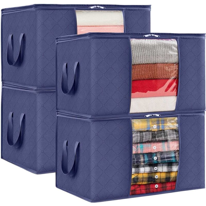 4x Organizador, funda, bolsa para guardar ropa, mantas, ropa de cama, edredones, BAGGI, juego de 4 azul marino.