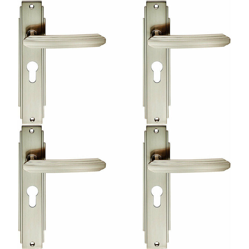 4x pair Line Detailed Handle on Euro Lock Backplate 205 x 45mm Satin Nickel