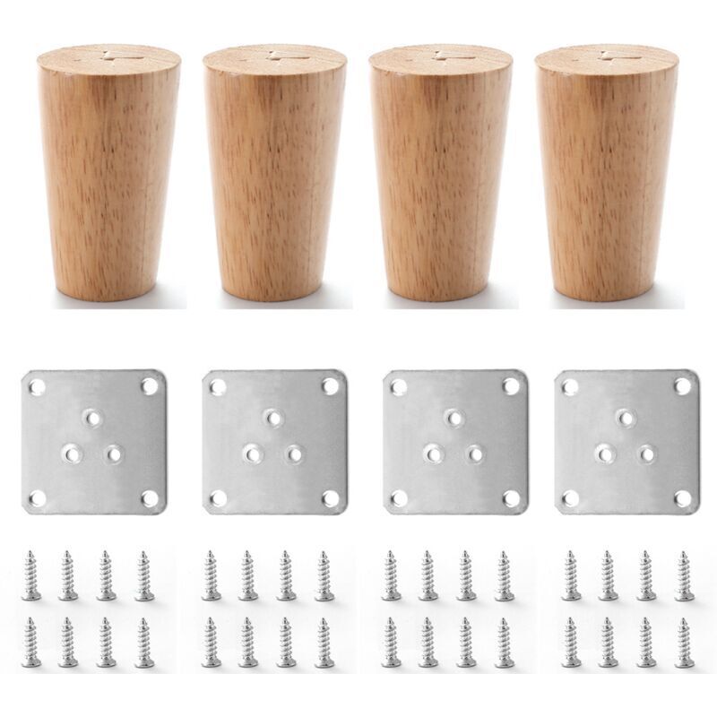 4x Pieds de Meubles 8cm en Bois Massif avec Plaque de Montage et Vis pour Canapé, tv, Lit, Table à Manger