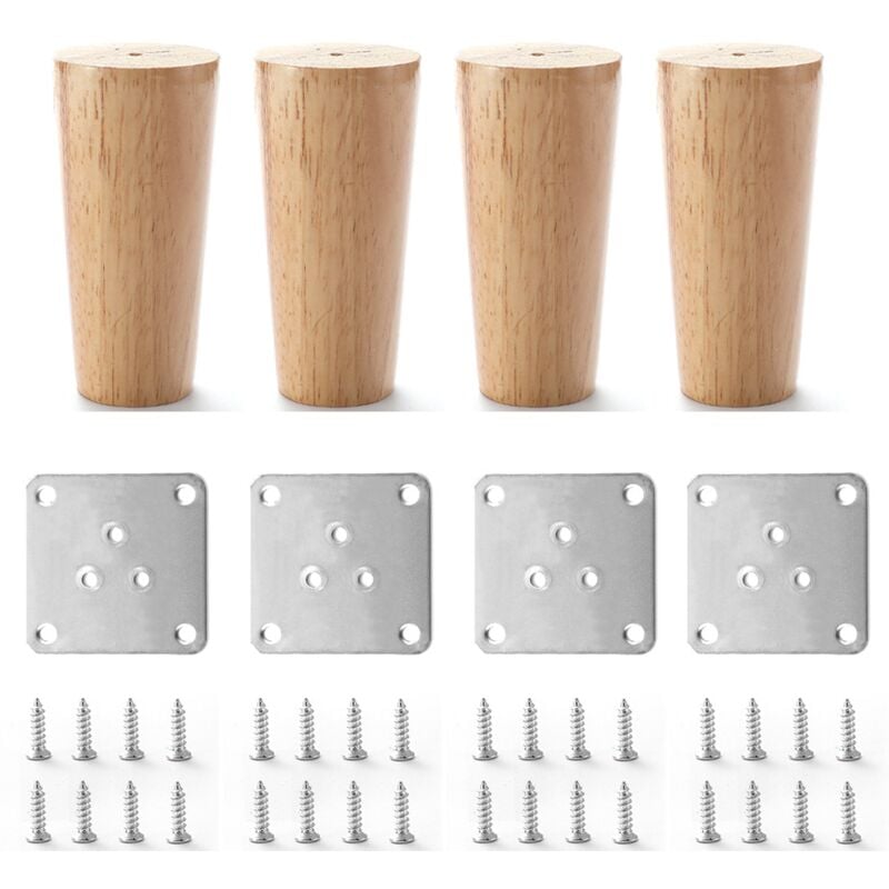 4x Pieds de Meubles 10cm en Bois Massif avec Plaque de Montage et Vis pour Canapé, tv, Lit, Table à Manger