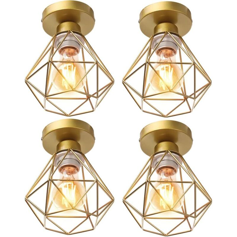 4x Plafonnier stoex luminaire industriel vintage design rétro cage diamant en fer forge, Lampe de plafond métal E27 pour cuisine salon chambre (Doré)