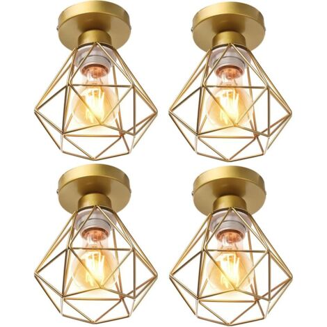 4x Plafonnier stoex luminaire industriel vintage design rétro cage diamant en fer forge, Lampe de plafond métal E27 pour cuisine salon chambre (Doré)