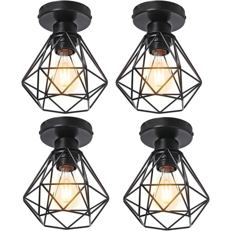 4x Plafonnier stoex luminaire industriel vintage design rétro cage diamant en fer forge, Lampe de plafond métal E27 pour cuisine salon chambre (Noir)