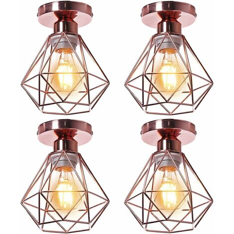 4x Plafonnier stoex luminaire industriel vintage design rétro cage diamant en fer forge, Lampe de plafond métal E27 pour cuisine salon chambre (Or rose)