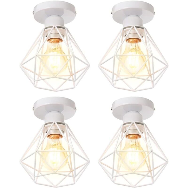 4x Plafonnier stoex luminaire industriel vintage design rétro cage diamant en fer forge, Lampe de plafond métal E27 pour cuisine salon chambre (Blanc)