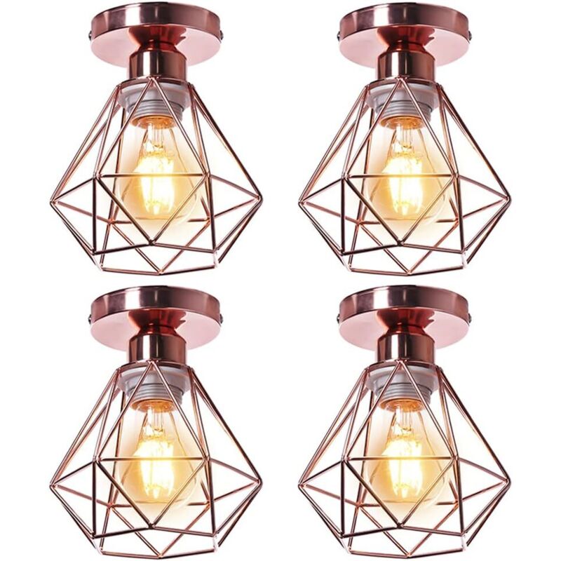 4x Plafonnier stoex luminaire industriel vintage design rétro cage diamant en fer forge, Lampe de plafond métal E27 pour cuisine salon chambre (Or