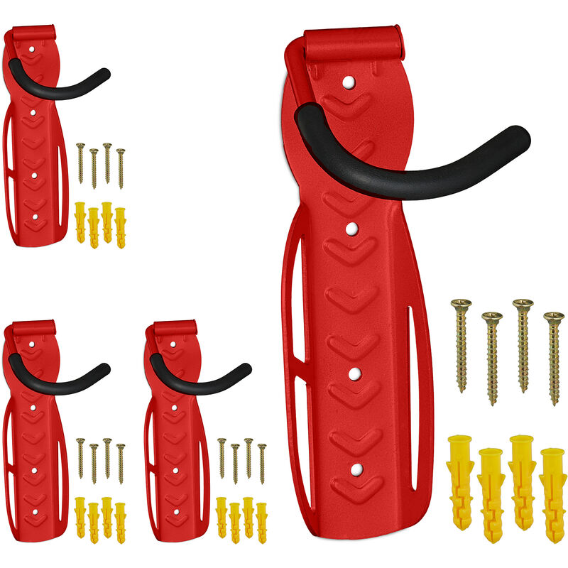Image of 4x Portabici da Muro, Set da 4, Supporto da Parete per Biciclette, Regge fino 25 kg, Ganci Bici, Acciaio, Rosso